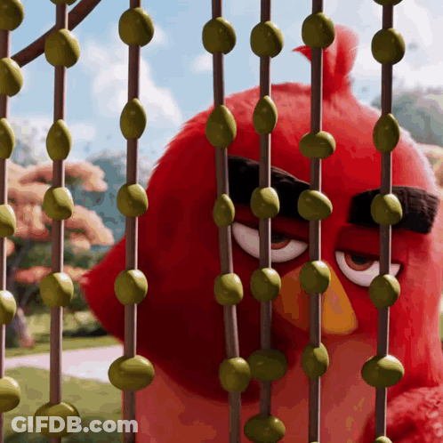 Red Bird Behind Fence With Green Beads GIF
