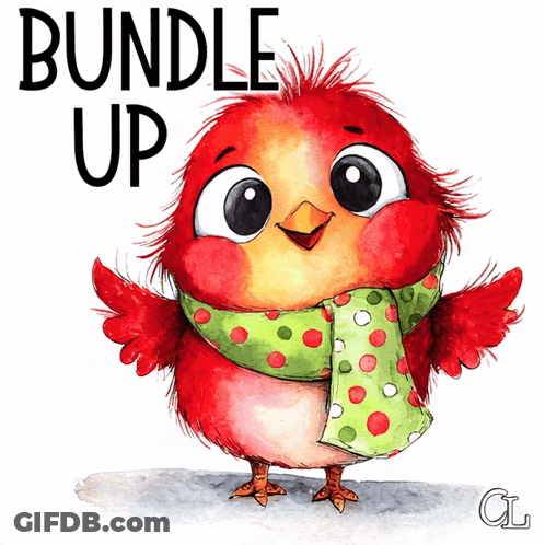 Red Bird Wearing Green Scarf Saying Bundle Up GIF