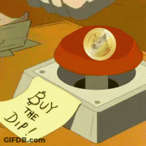 Red Button With Doge Coin And Note Saying Buy The Dip GIF