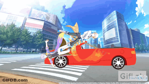 Red Car Driving City Street With Two People Gifflash GIF