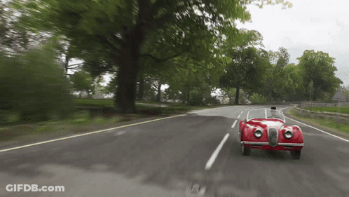 Red Car Driving Down Road With Trees GIF