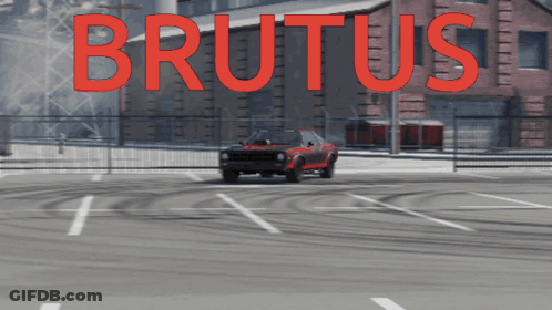Red Car Driving In Parking Lot Saying Brutus GIF