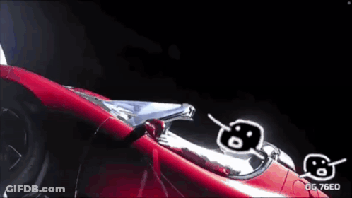 Red Car Flying Through Space With OG 76ED GIF