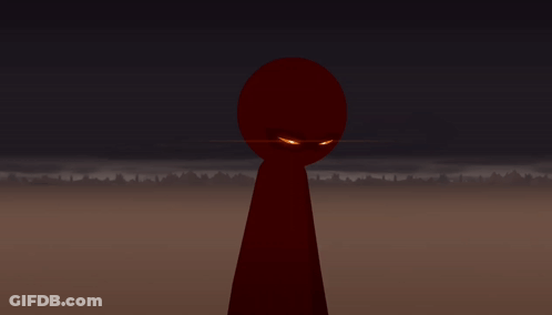 Red Cartoon Character With Glowing Eyes Standing In Dark GIF