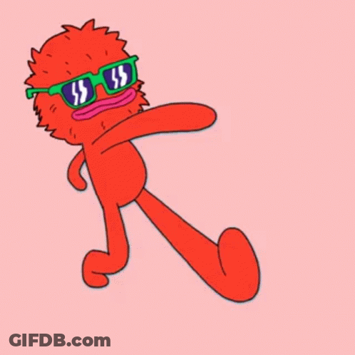 Red Cartoon Character With Sunglasses And Pink Mouth GIF