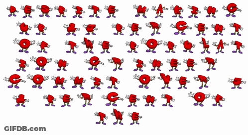 Red Characters With Purple Limbs Holding Letters GIF
