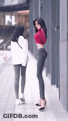 Red Crop Top Woman Beside Another GIF