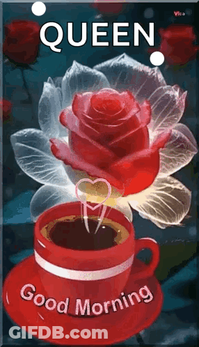 Red Cup Of Coffee And Rose With Heart On Saucer GIF