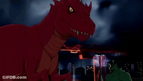 Red Dinosaur Next To Green Hulk GIF