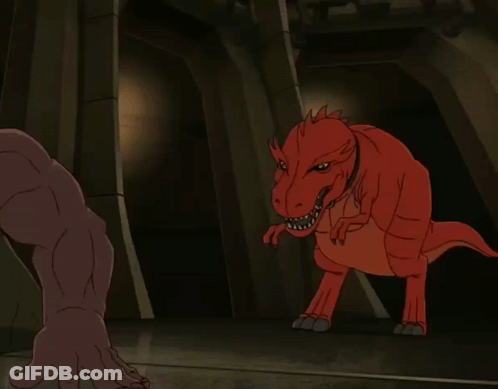 Red Dinosaur With Yellow Eyes And Sharp Teeth GIF