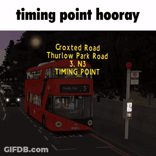 Red Double Decker Bus Driving With Timing Point Hooray Sign GIF