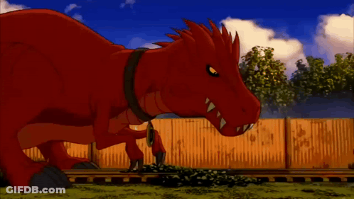 Red Dragon Standing In Front Of Fence GIF
