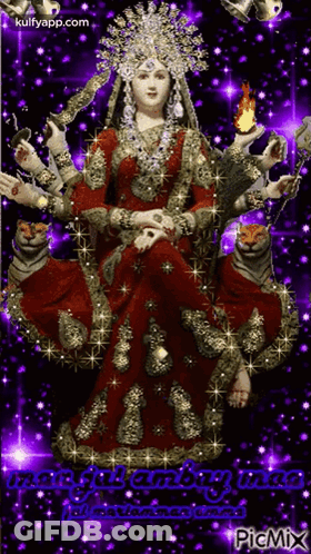 Red Dress Woman Statue On Throne With Cats GIF