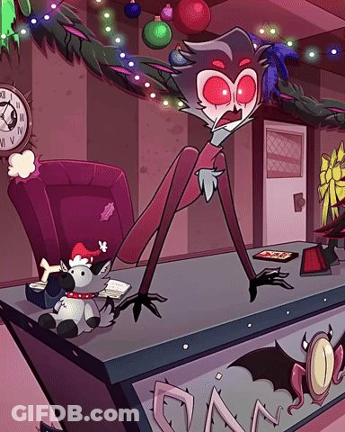 Red-Eyed Cartoon Character In Front Of Clock Saying XII GIF