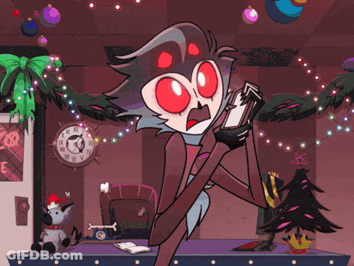 Red-Eyed Cartoon Holding Card In Front Of Clock GIF