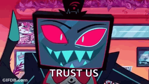 Red-Eyed Cartoon Holding Knife Says Trust Us GIF