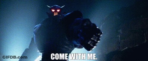 Red Eyed Horned Robot Holding Gun Saying Come With Me GIF