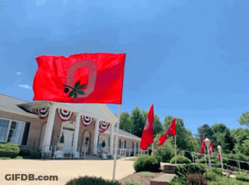 Red Flag With Letter O Flying In Front Of House GIF
