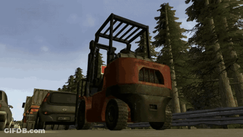 Red Forklift Parked Next To Van With License Plate Starting With T GIF