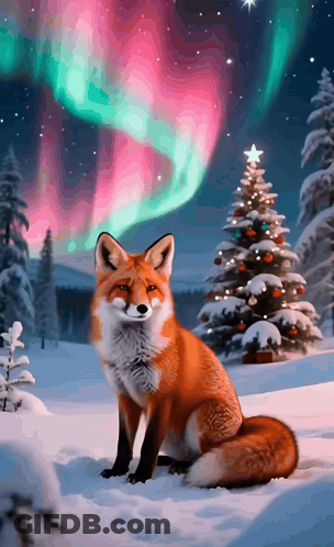 Red Fox Sitting In Snow With Christmas Tree GIF