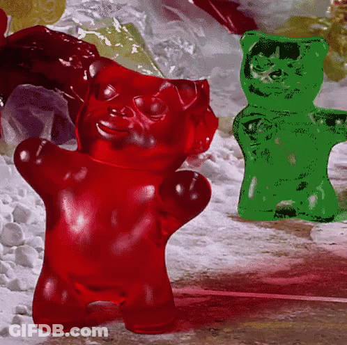 Red Gummy Bear Next To Green Bear GIF