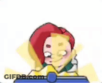 Red Hair Cartoon Sitting At Table With Blue Box GIF