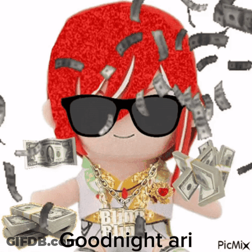 Red Hair Cartoon With Sunglasses Holding Money Says Goodnight Ari GIF