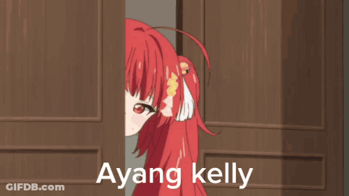 Red Hair Girl Peeking Behind Door Saying Ayang Kelly GIF