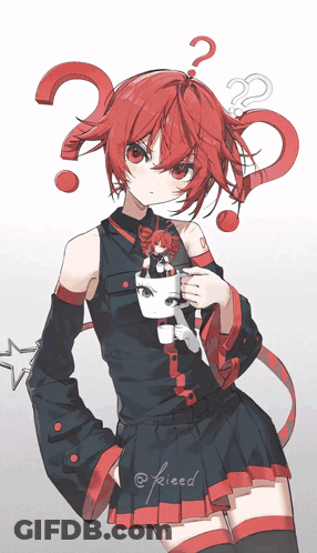 Red Hair Girl With Question Mark Holding Cup GIF