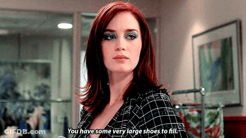 Red Hair Woman With Blue Eye Makeup Says You Have Some Very Large Shoes To Fill GIF
