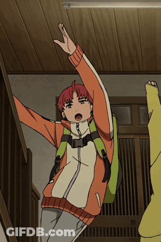 Red-Haired Boy With Green Backpack Jumping GIF