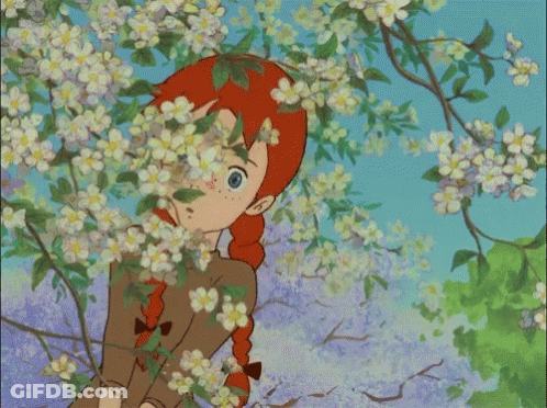 Red-Haired Cartoon Girl Under Flowering Tree GIF