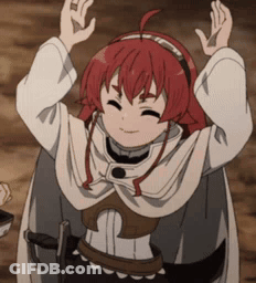 Red-Haired Girl Holding Sword And Raising Arms GIF