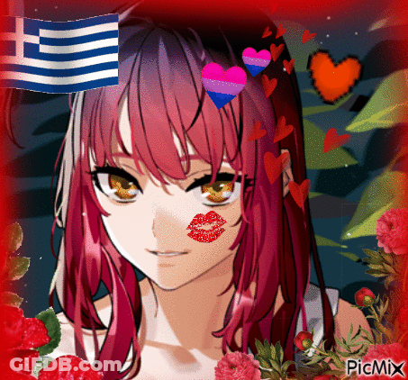 Red-Haired Girl Kiss On Face Greek Flag GIF