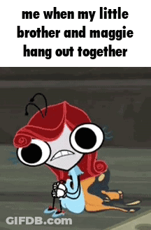 Red-Haired Girl Kneeling Saying Me When My Little Brother And Maggie Hang Out GIF