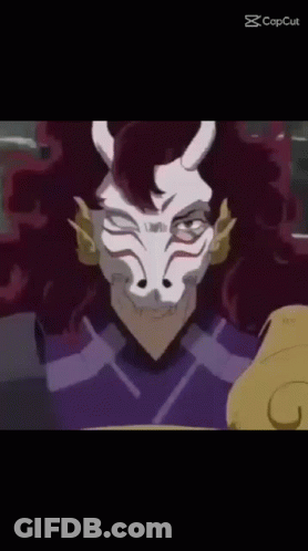 Red-Haired Horned Character In Purple Shirt And White Mask GIF