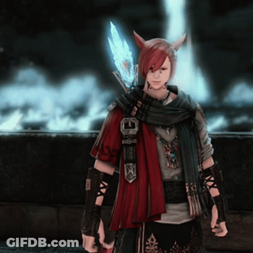 Red-Haired Horned Person With Scarf And Sword GIF