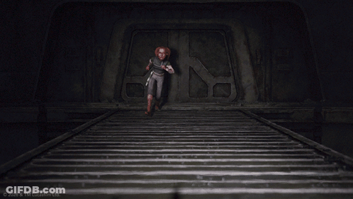 Red-Haired Person On Stairs With TM Lucasfilm Watermark GIF