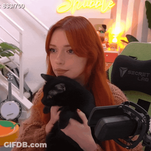 Red-Haired Woman Holding Black Cat Near Puppy Sign GIF