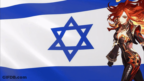 Red-Haired Woman In Front Of Blue Star Flag GIF