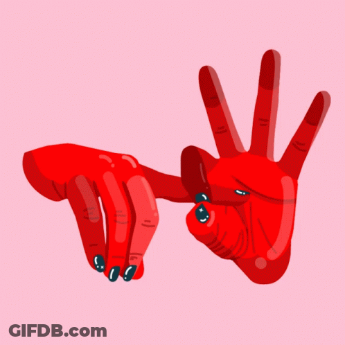 Red Hands With Black Nails Making Peace Sign GIF