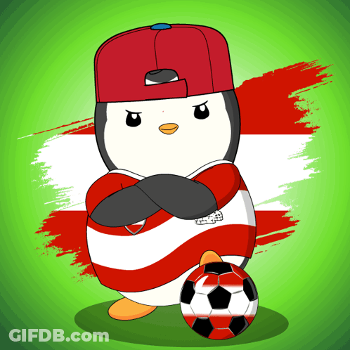 Red-Hatted Striped-Shirt Penguin Holding Soccer Ball GIF