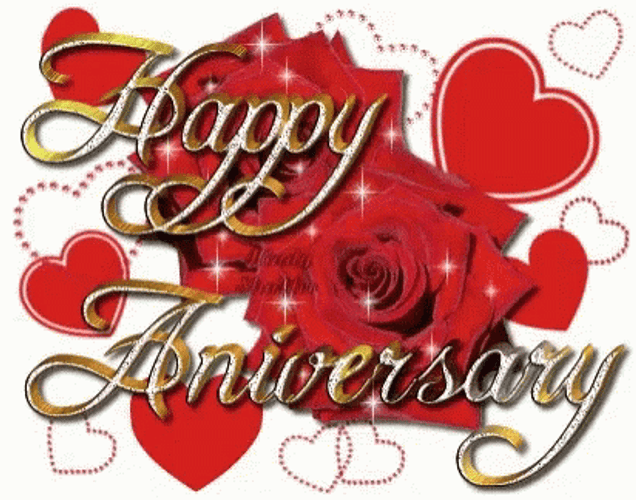 Red Heart And Roses Glitter Happy Anniversary GIF