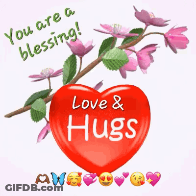 Red Heart Saying You Are A Blessing Love & Hugs Surrounded By Pink Flowers GIF