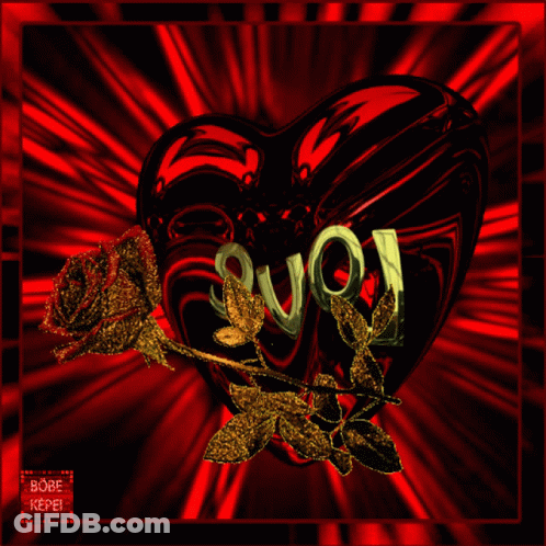 Red Heart With Love And Gold Roses GIF