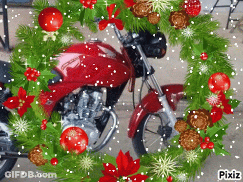 Red Honda Motorcycle With Christmas Wreath GIF
