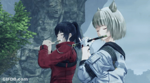 Red Jacket Girl Playing Flute Beside White Jacket Girl GIF