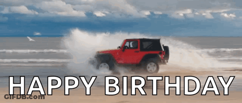 Red Jeep Driving On Beach Saying Happy Birthday GIF