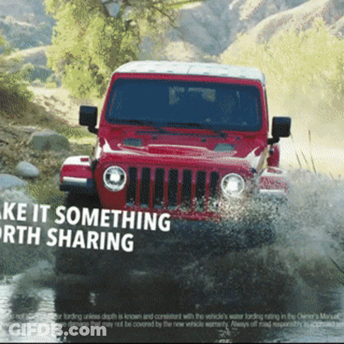 Red Jeep Driving Through Water GIF