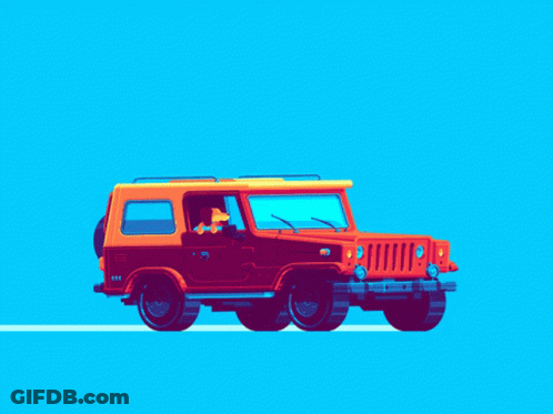 Red Jeep With Yellow Top On Blue Road GIF